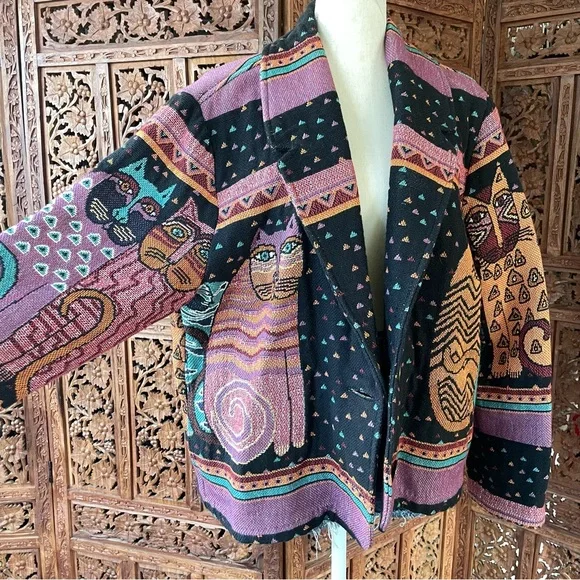 Original Vintage Laurel Burch Silverado Boho Cat Tapestry Blanket Knit Jacket - Picture 2 of 12